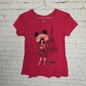 Disney Parks Red T-Shirt with Castle Logo Girl Holding Mickey Umbrella M